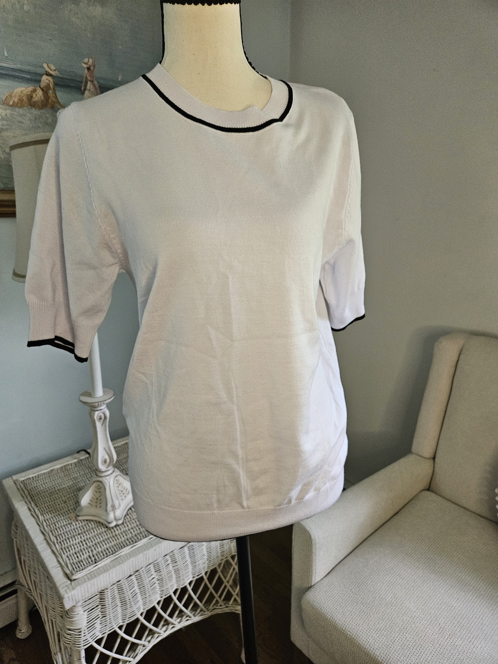 White Short-Sleeve Knit Tee with Black Trim